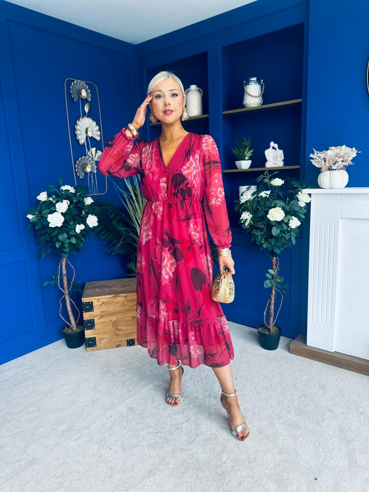 Zoe Banded Midi Dress Floral Ruby