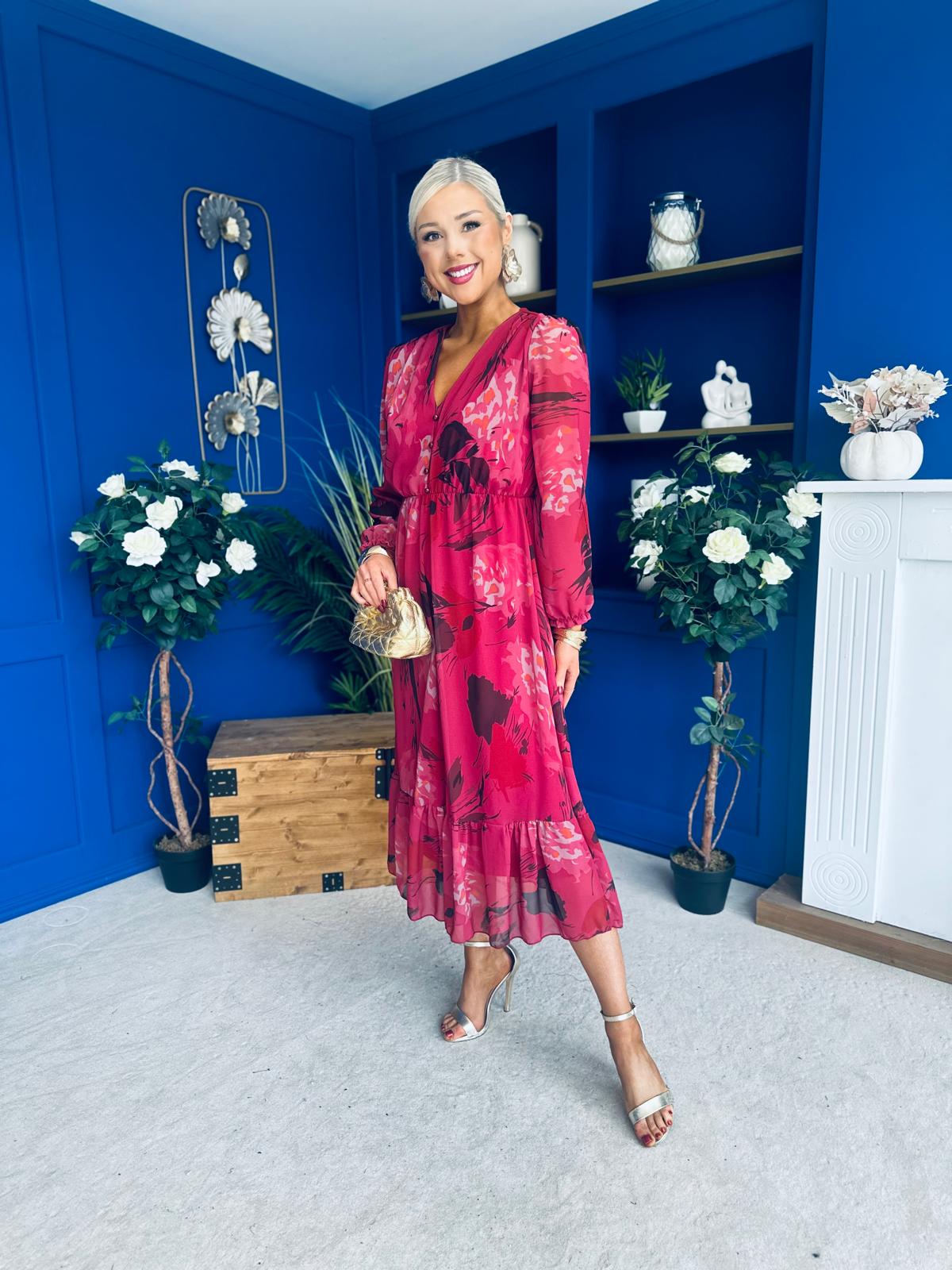 Zoe Banded Midi Dress Floral Ruby