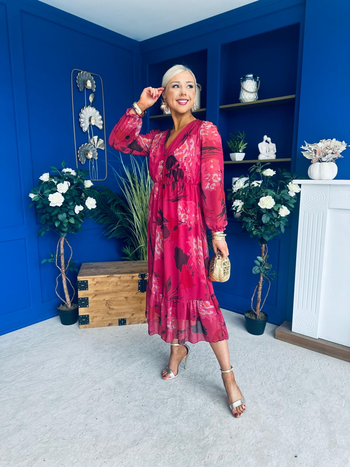 Zoe Banded Midi Dress Floral Ruby