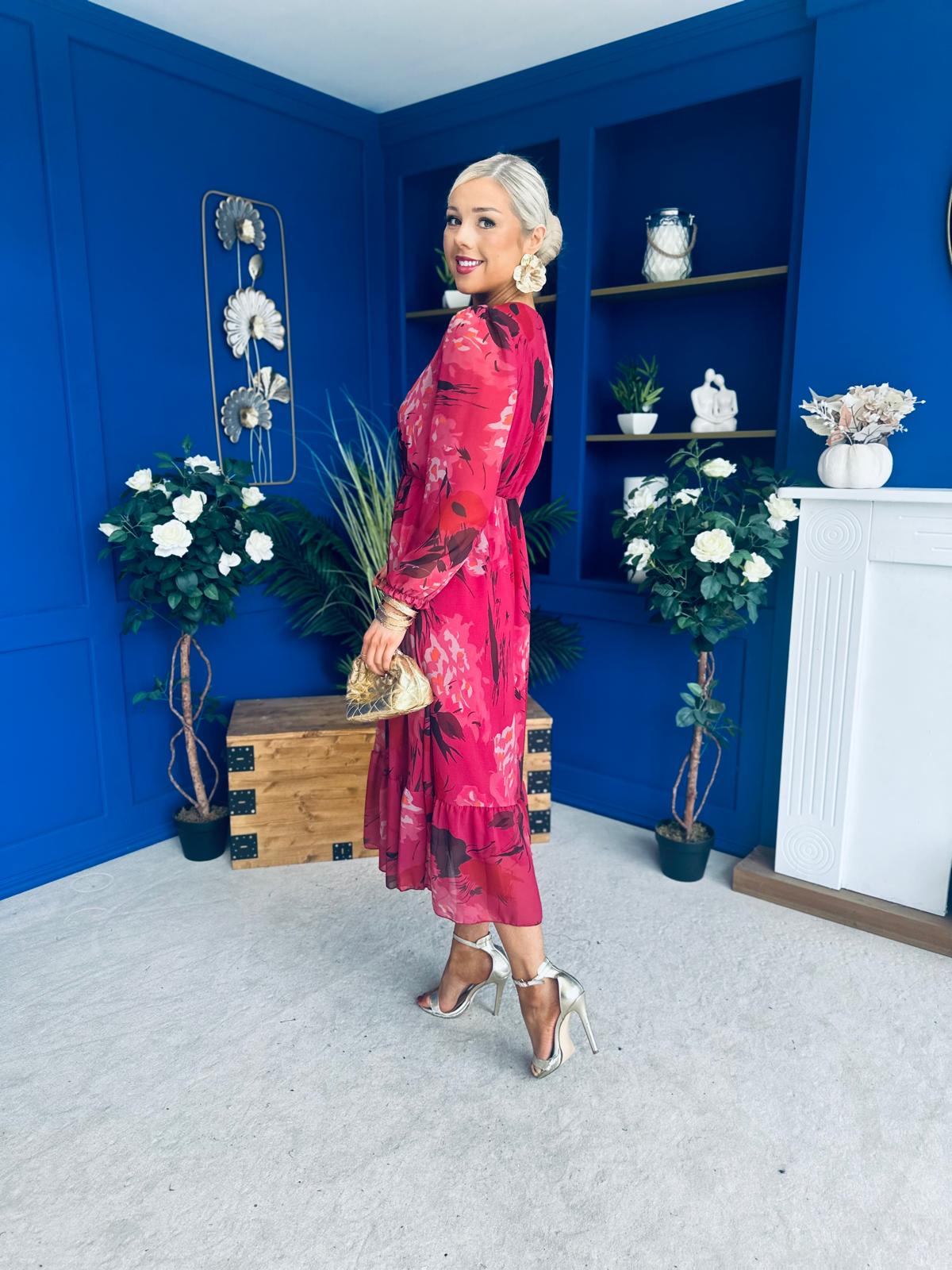 Zoe Banded Midi Dress Floral Ruby
