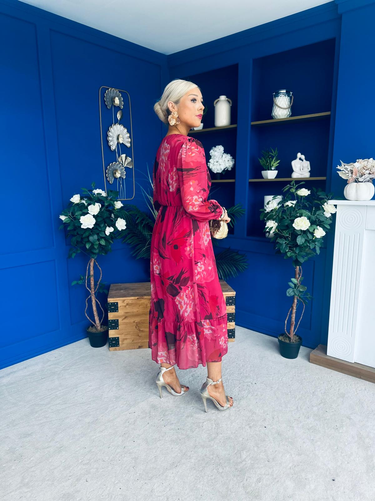 Zoe Banded Midi Dress Floral Ruby