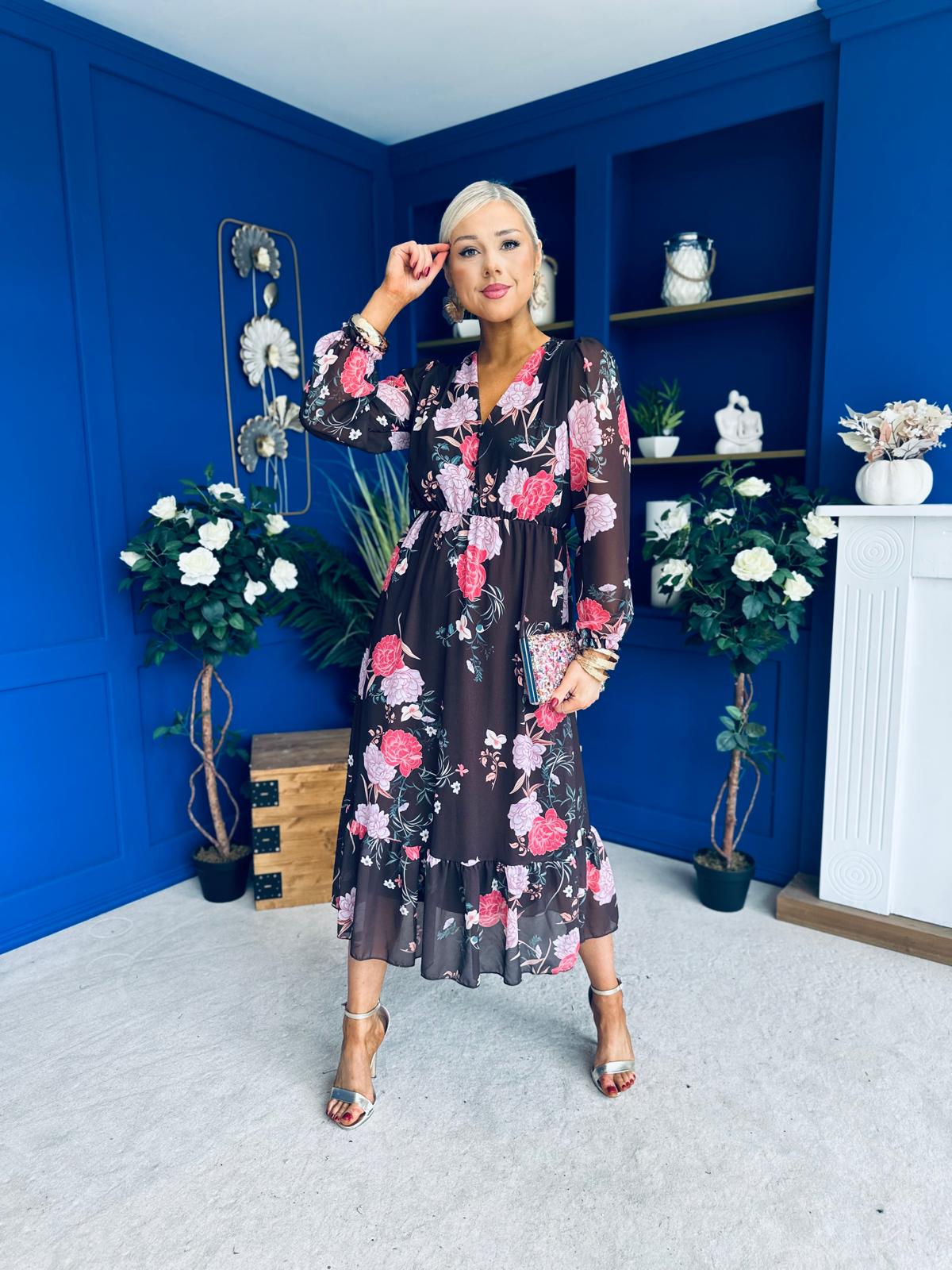 Zoe Banded Midi Dress Floral Coco