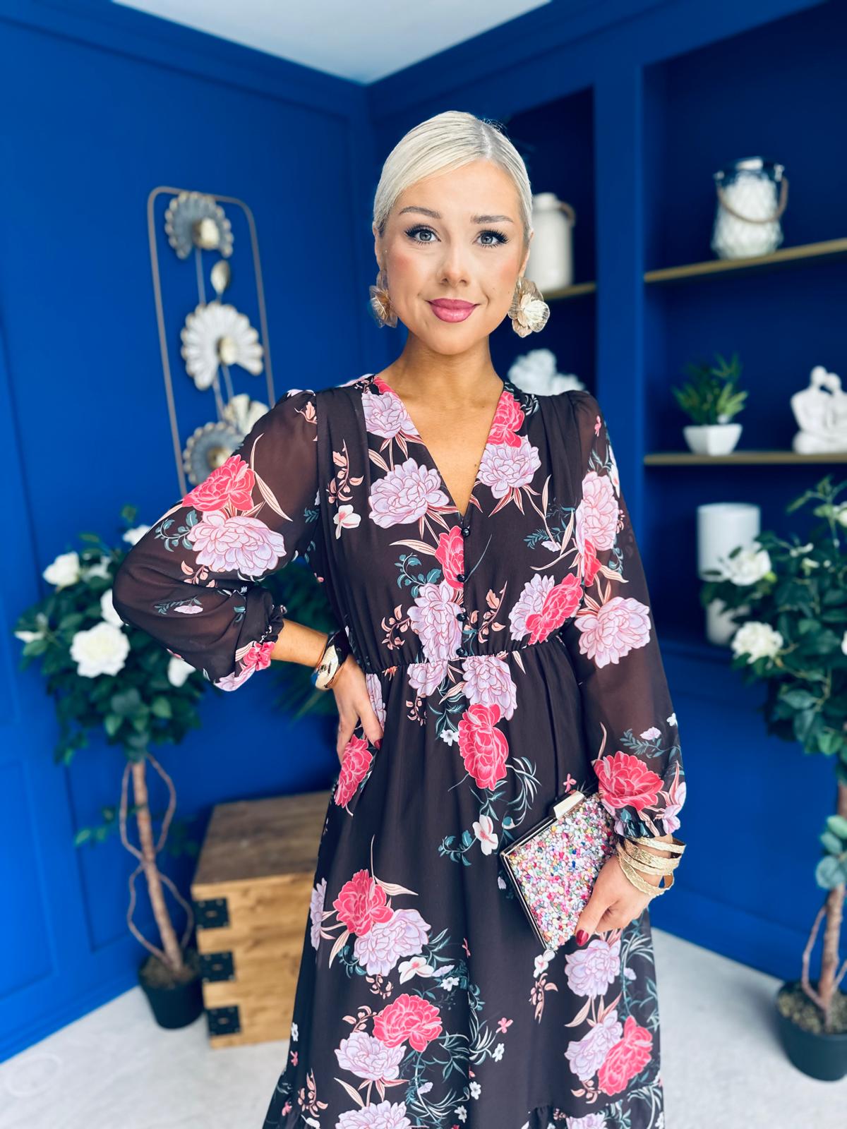 Zoe Banded Midi Dress Floral Coco
