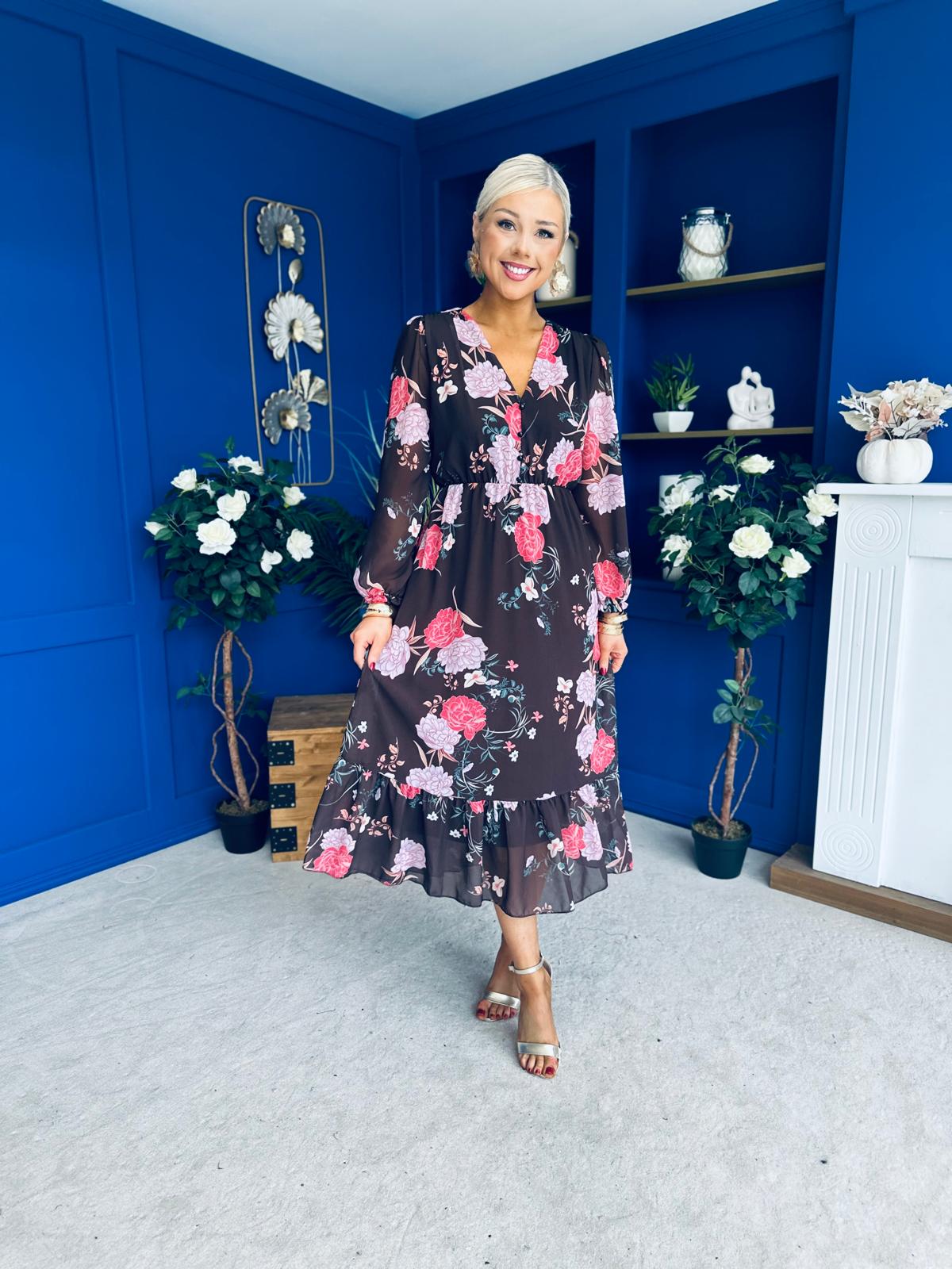 Zoe Banded Midi Dress Floral Coco