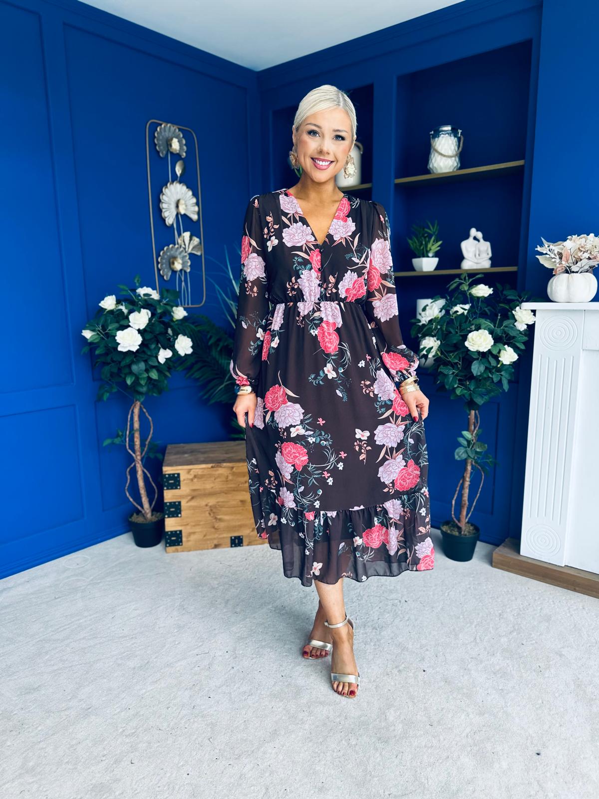 Zoe Banded Midi Dress Floral Coco