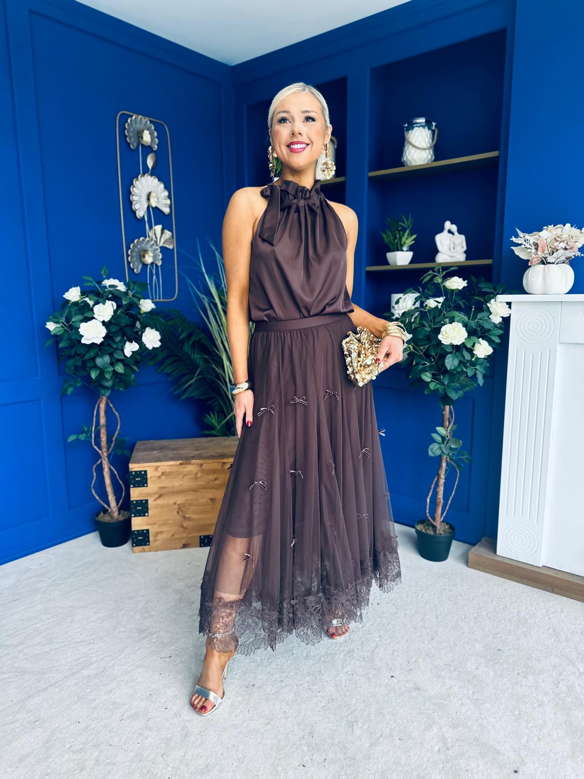 Peyton Halterneck Satin Top Chocolate