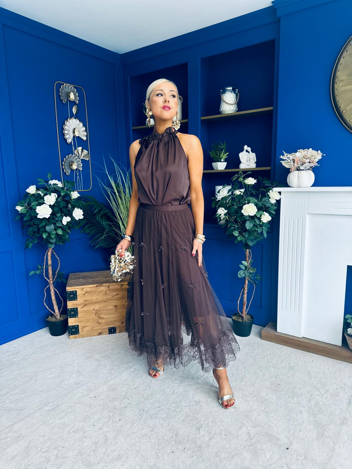 Peyton Halterneck Satin Top Chocolate