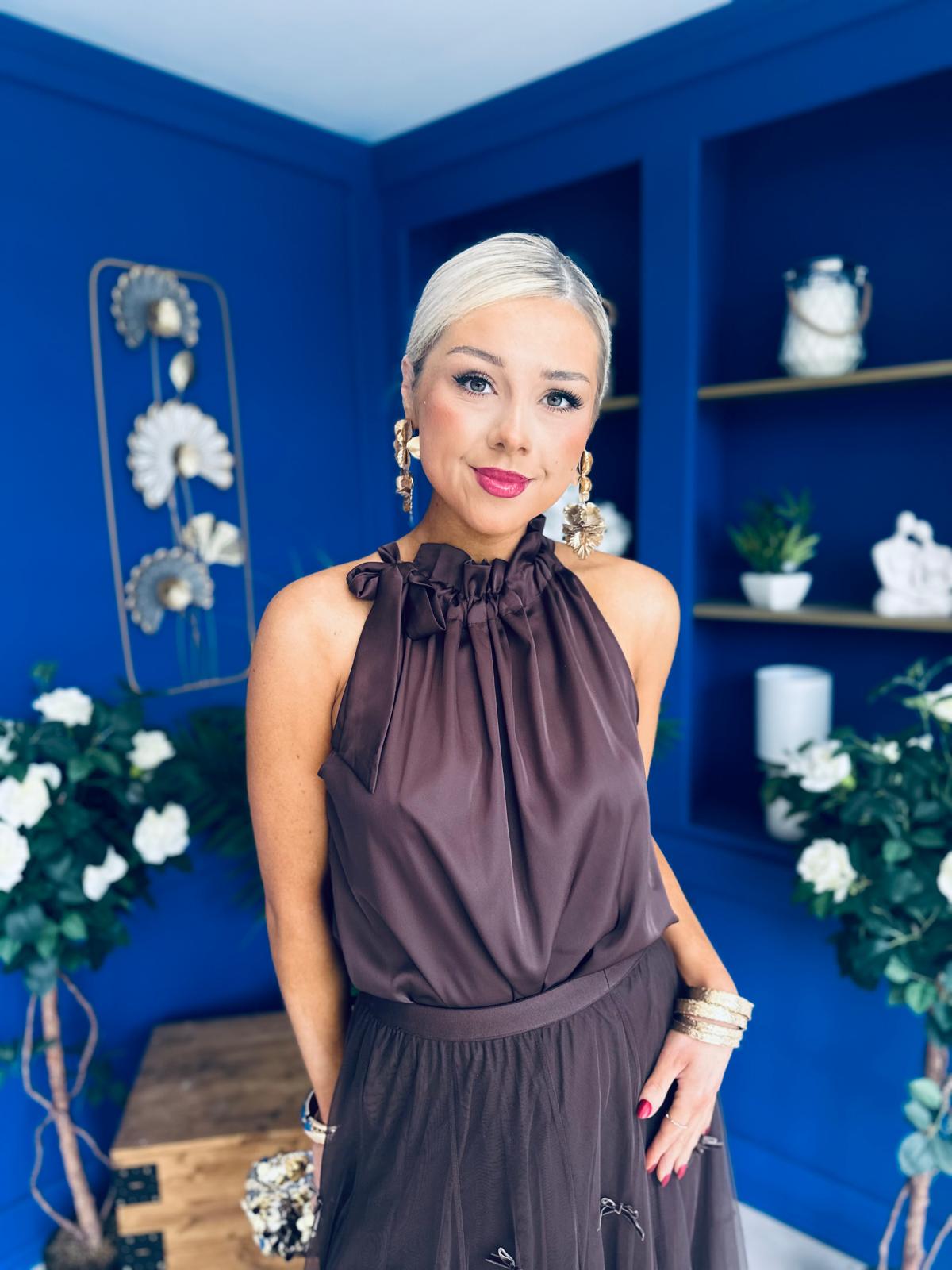 Peyton Halterneck Satin Top Chocolate