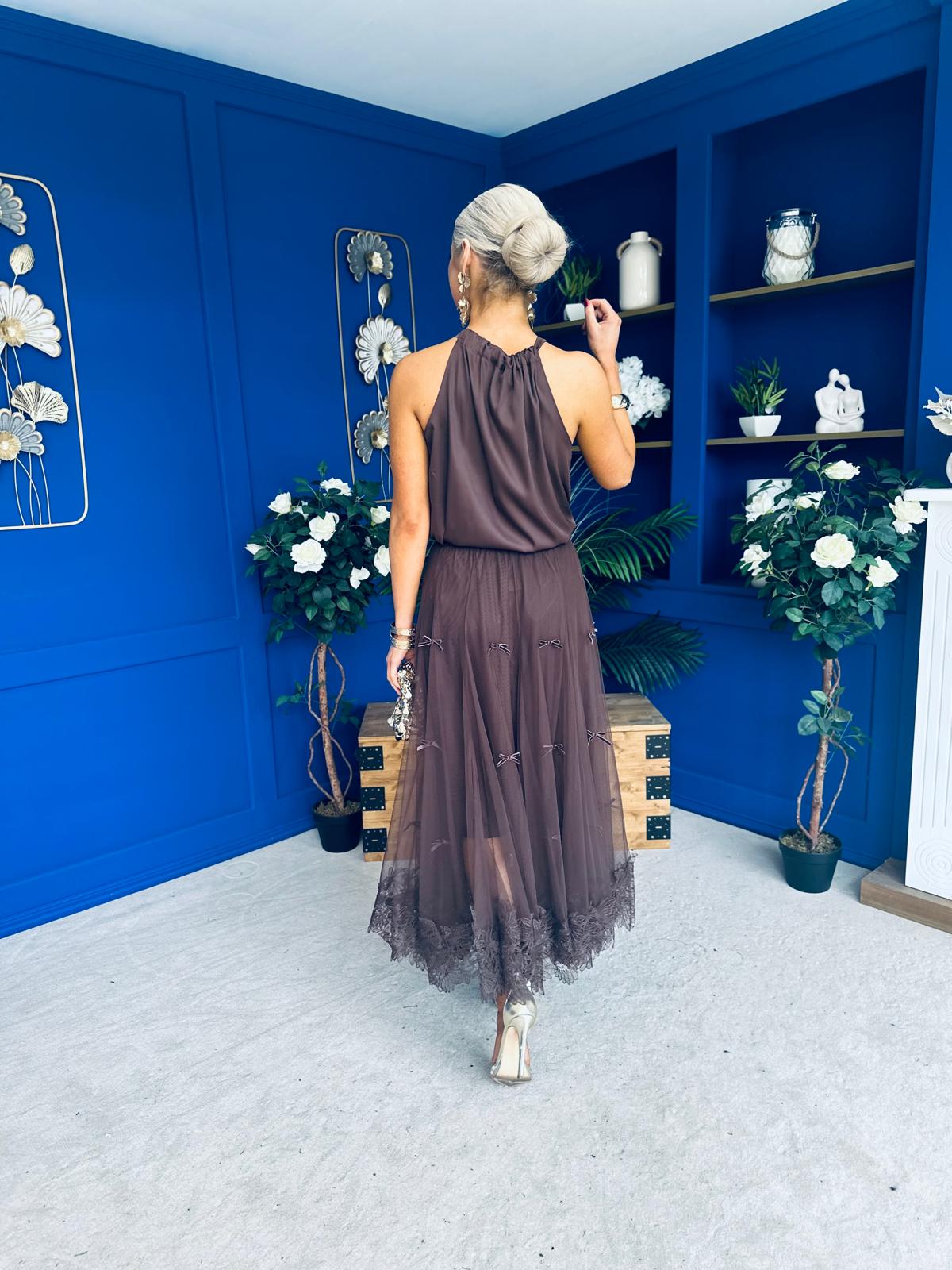 Peyton Halterneck Satin Top Chocolate