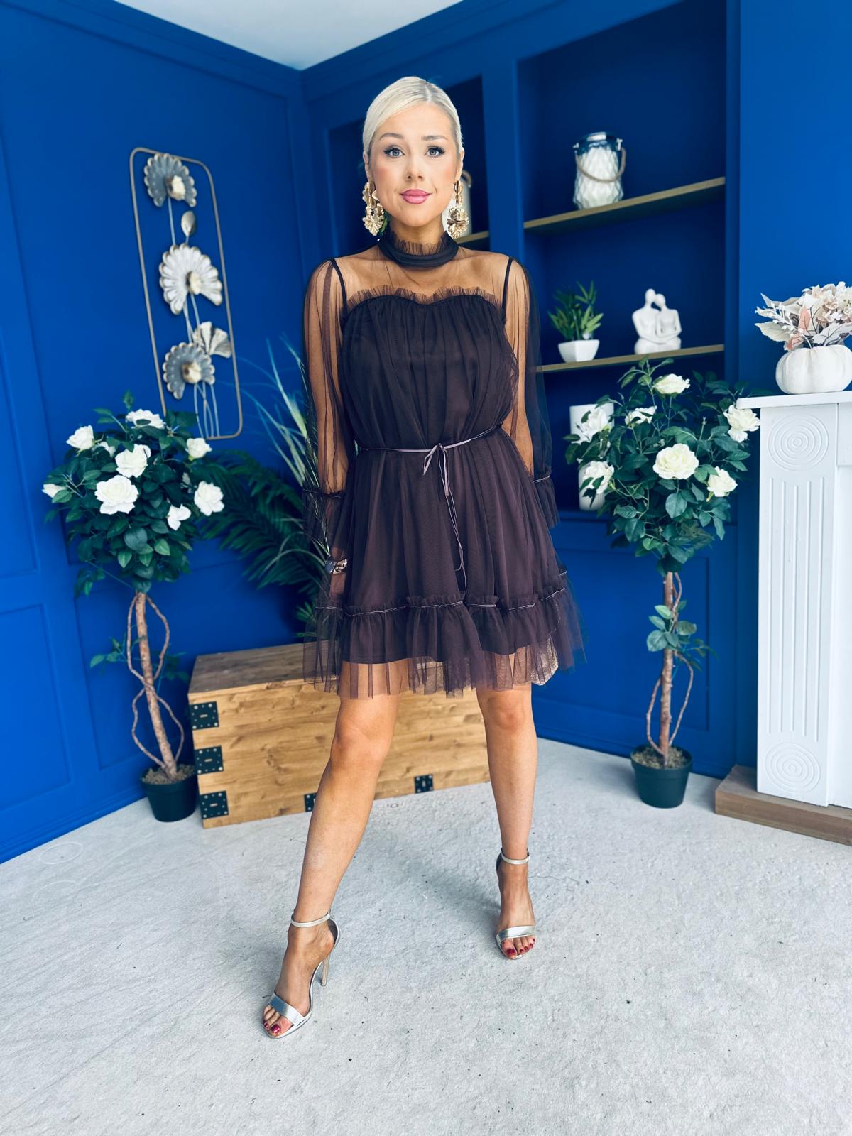 Persia Occasion Tulle Mini Dress Chocolate