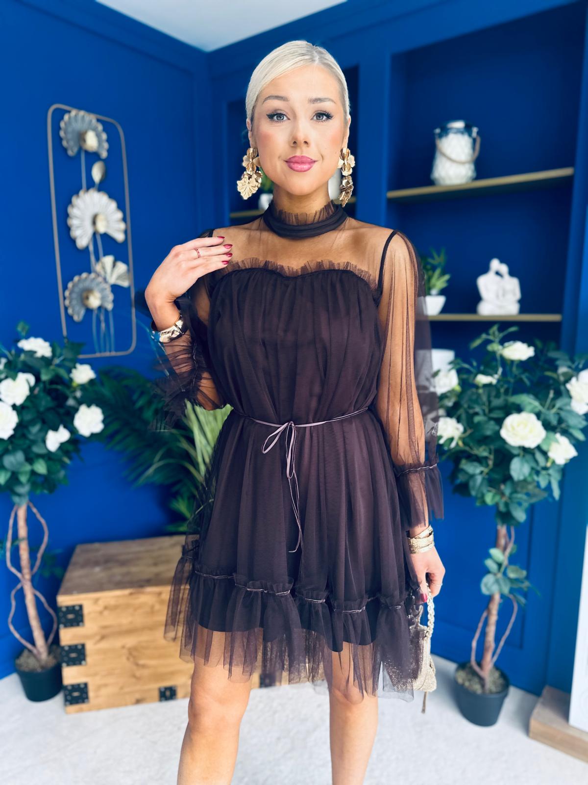 Persia Occasion Tulle Mini Dress Chocolate