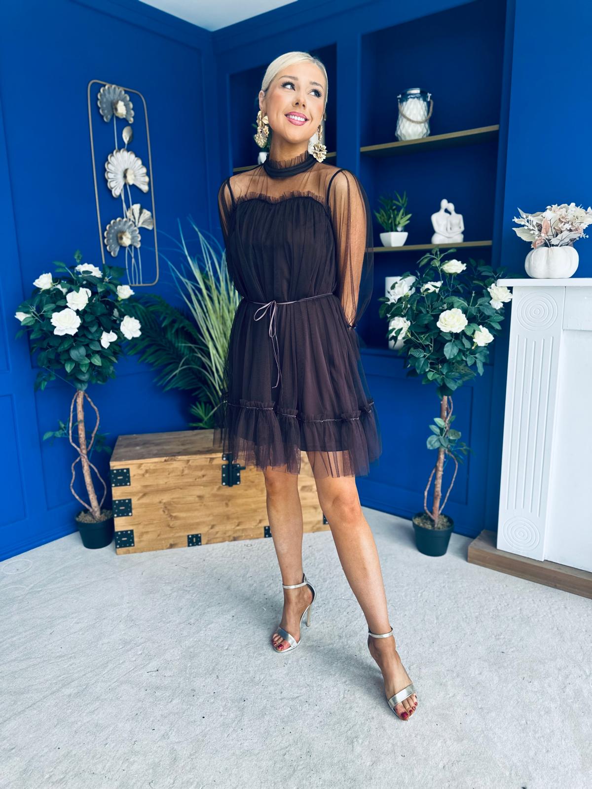 Persia Occasion Tulle Mini Dress Chocolate