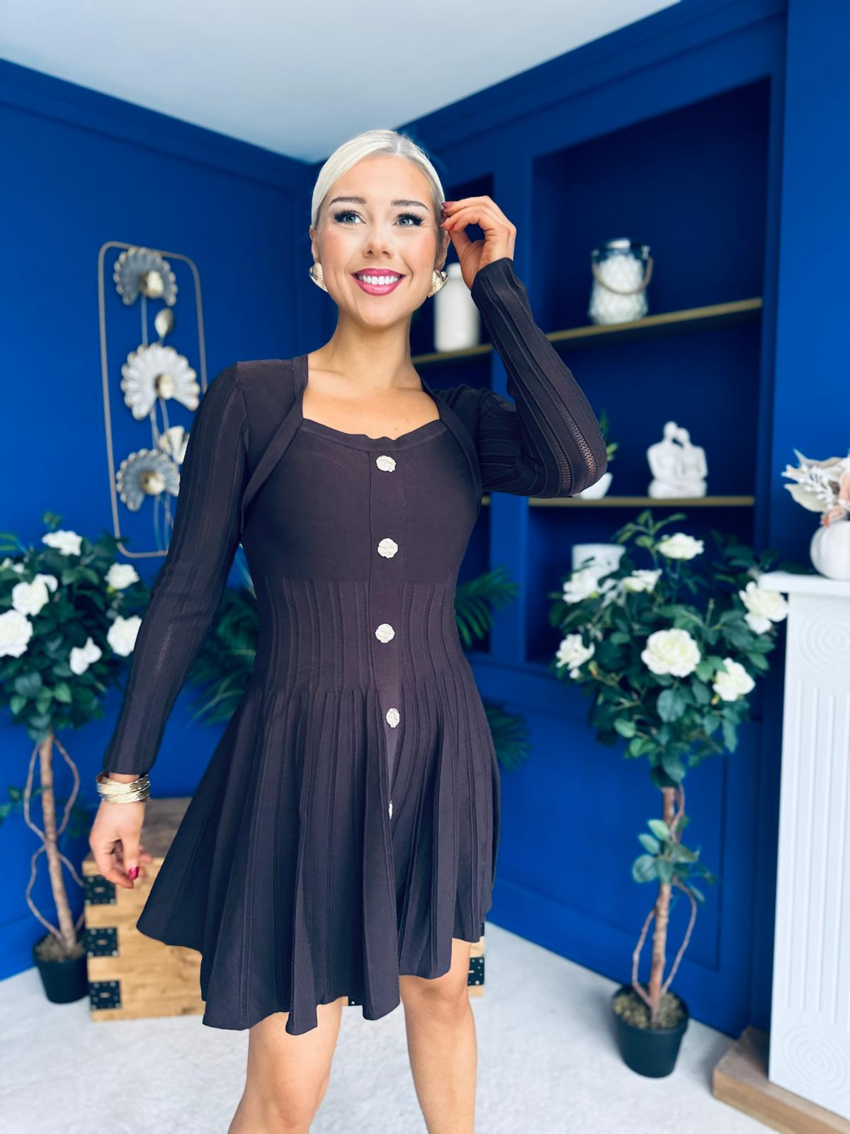 Alison Button Detail Mini Dress Chocolate