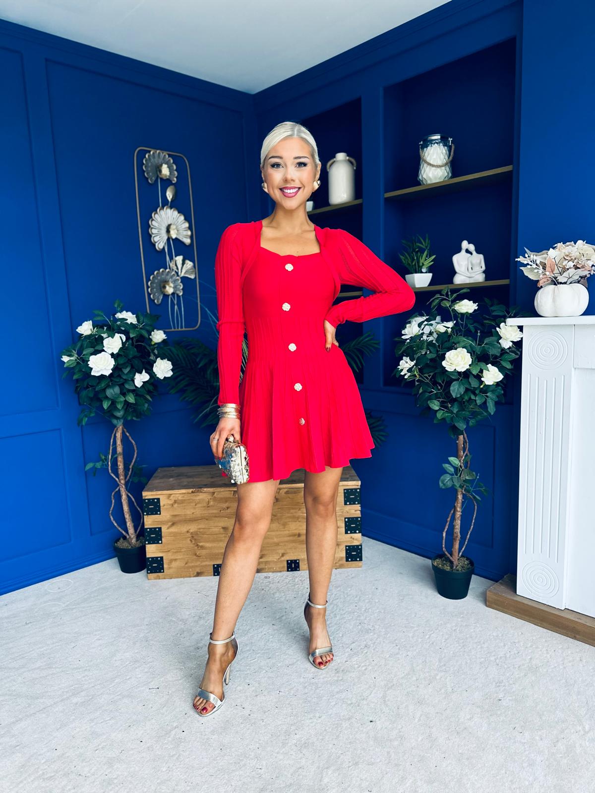 Alison Button Detail Mini Dress Red
