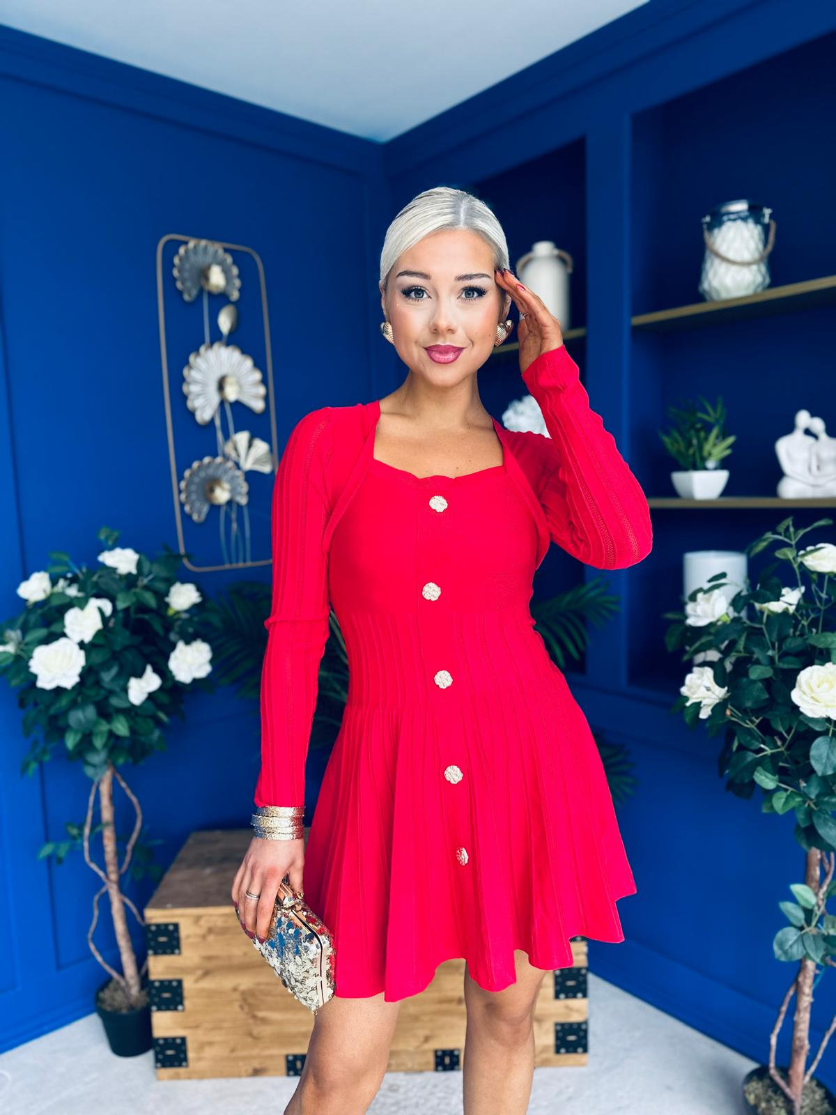 Alison Button Detail Mini Dress Red