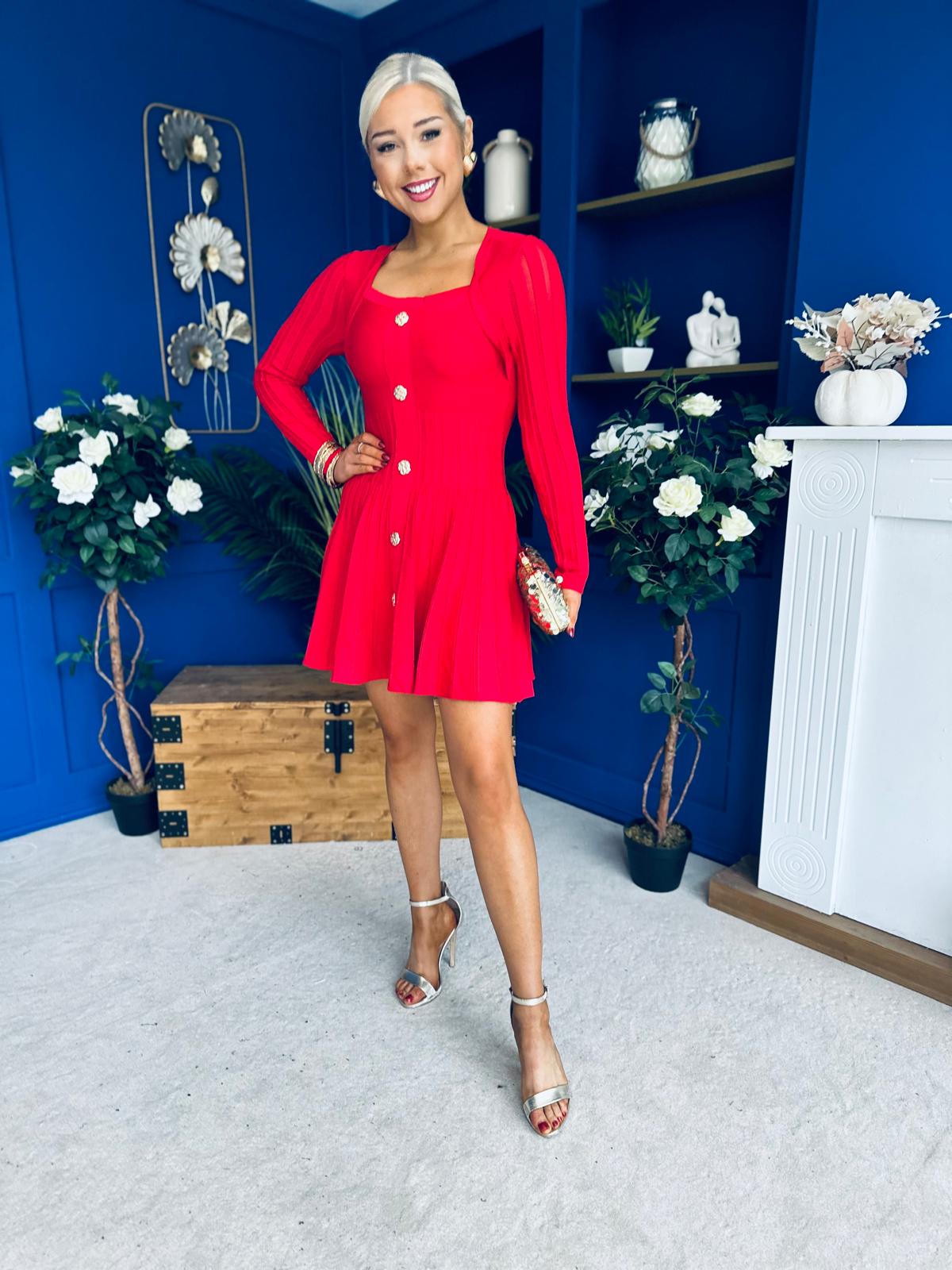 Alison Button Detail Mini Dress Red