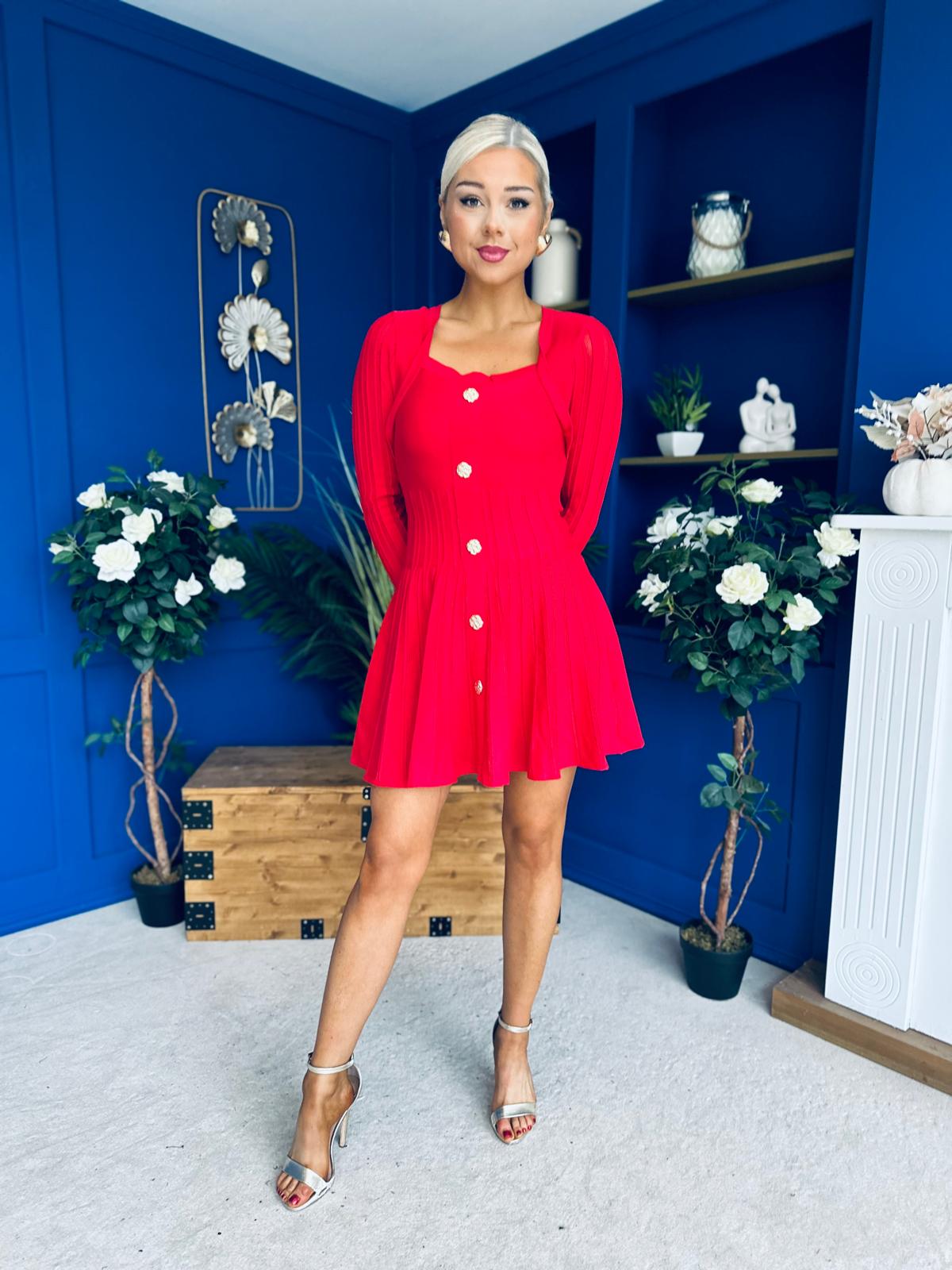 Alison Button Detail Mini Dress Red