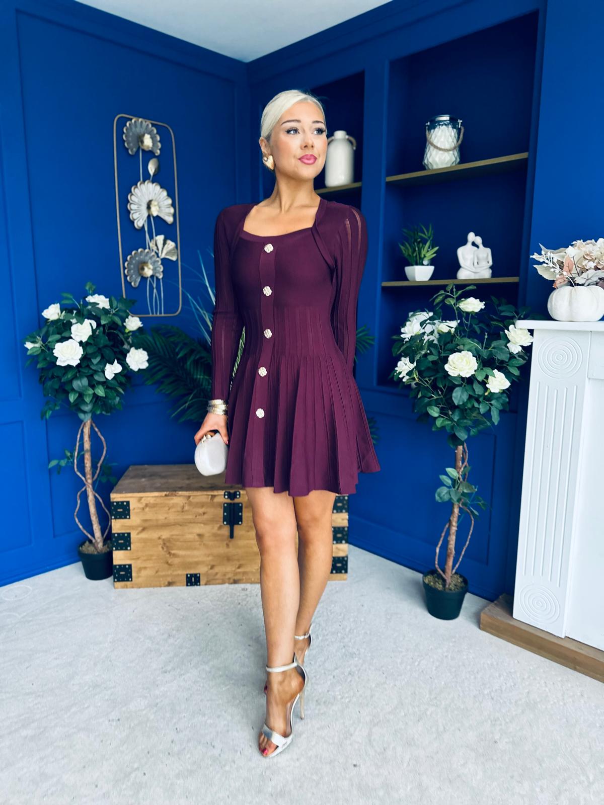 Alison Button Detail Mini Dress Plum