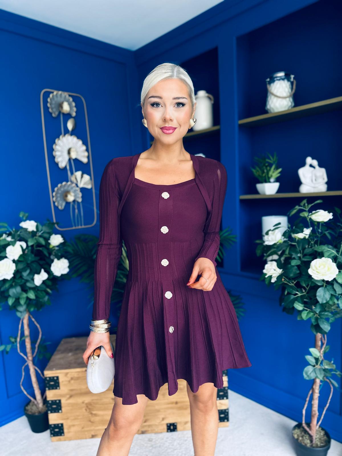 Alison Button Detail Mini Dress Plum