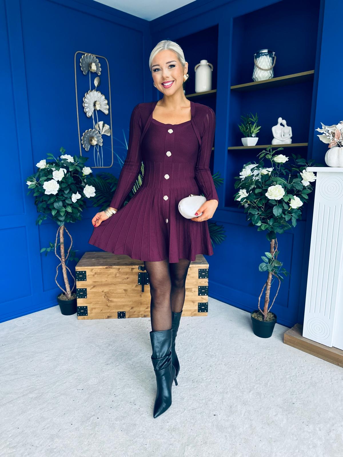 Alison Button Detail Mini Dress Plum