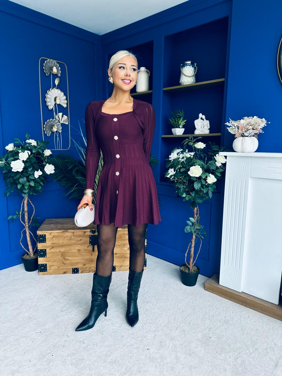 Alison Button Detail Mini Dress Plum