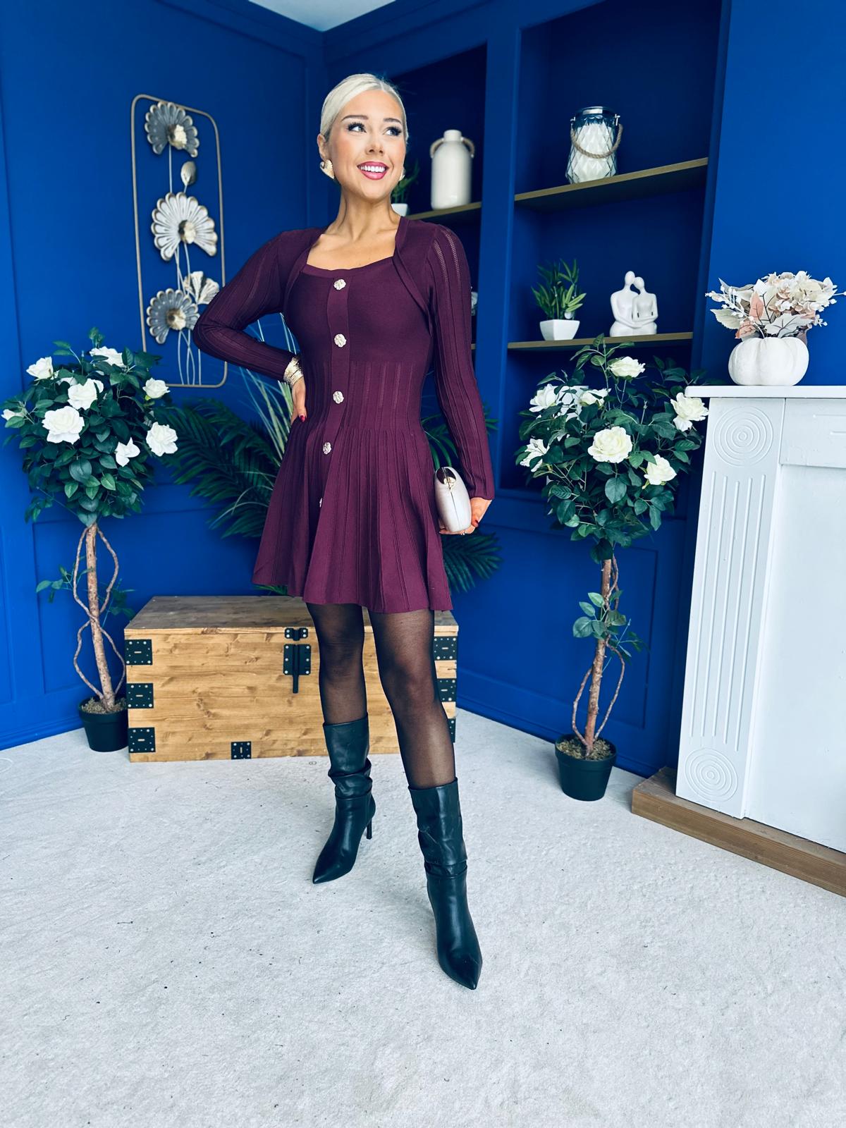 Alison Button Detail Mini Dress Plum