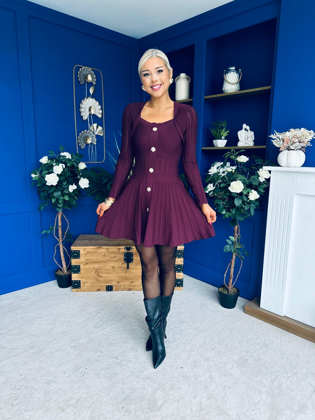 Alison Button Detail Mini Dress Plum