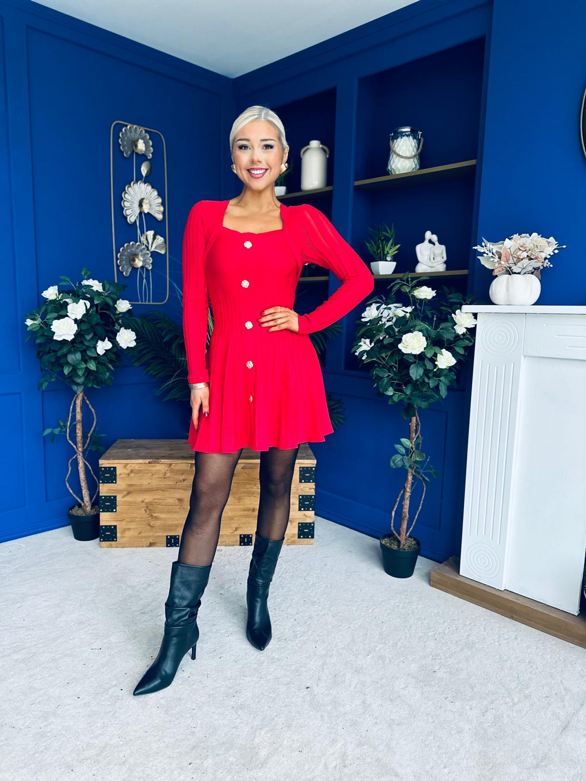 Alison Button Detail Mini Dress Red