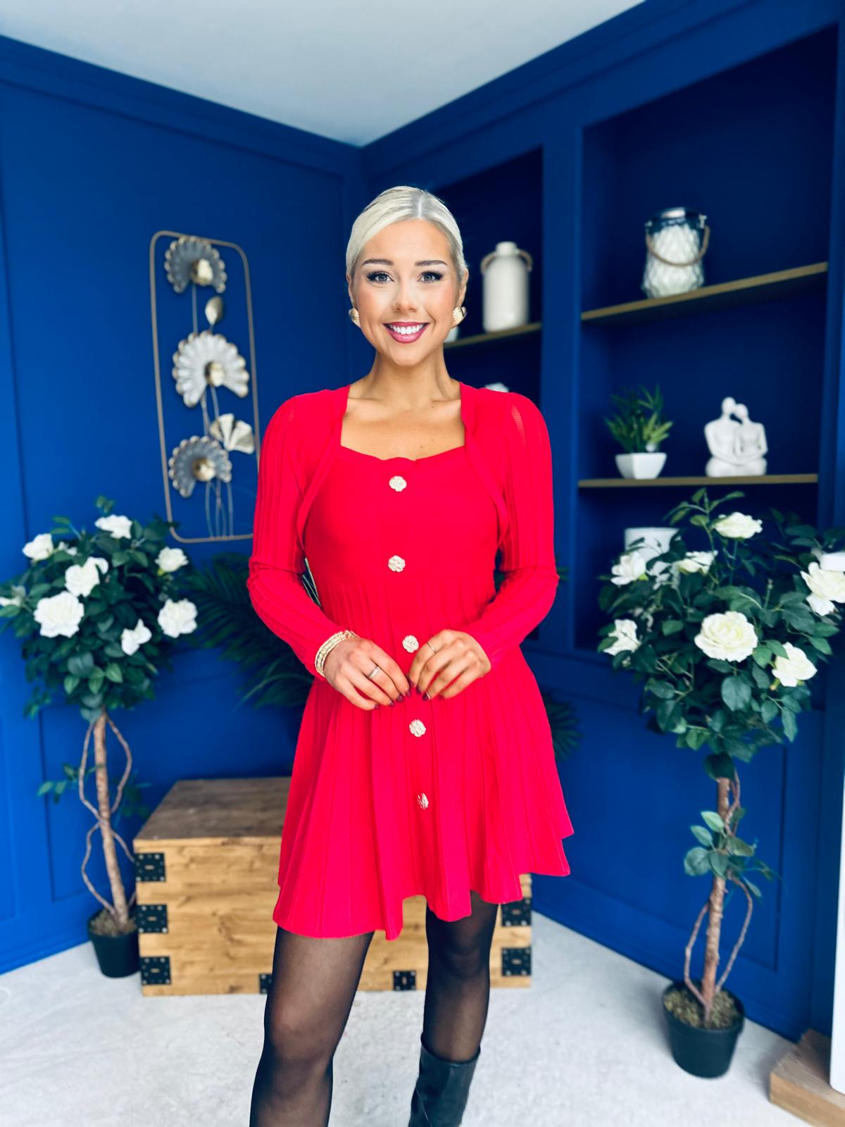 Alison Button Detail Mini Dress Red