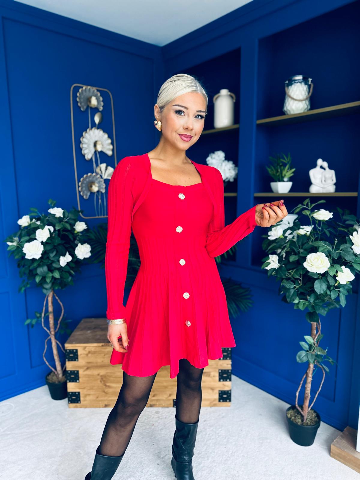 Alison Button Detail Mini Dress Red