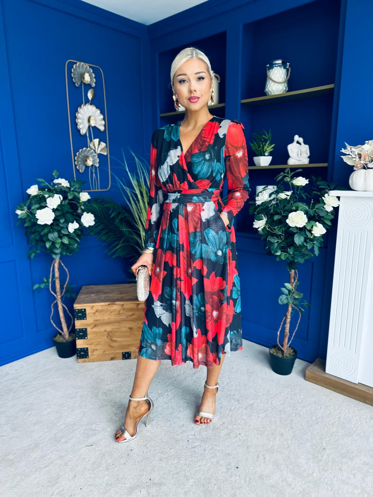 Vanessa Detailed Midi Dress Black Floral