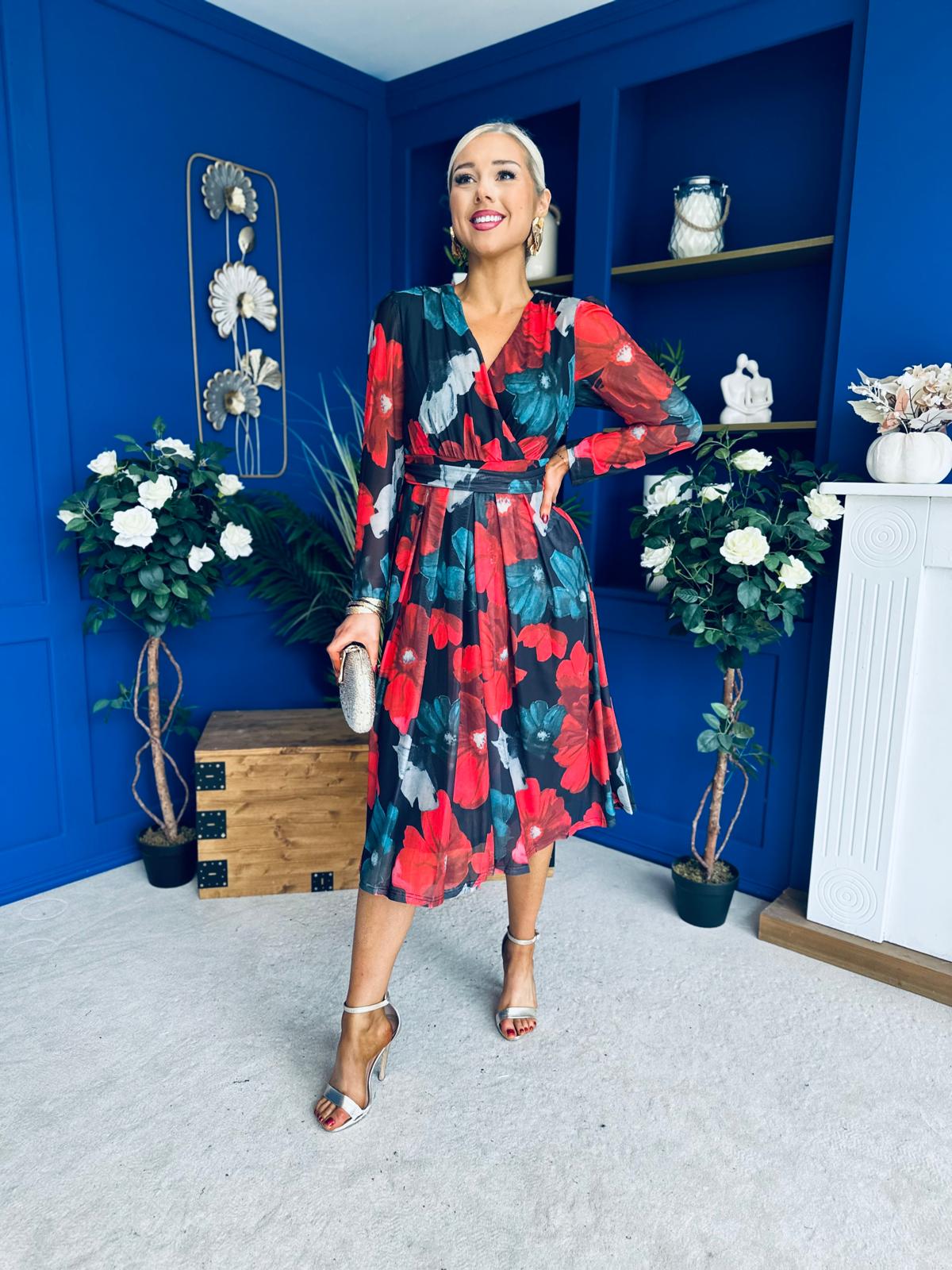 Vanessa Detailed Midi Dress Black Floral