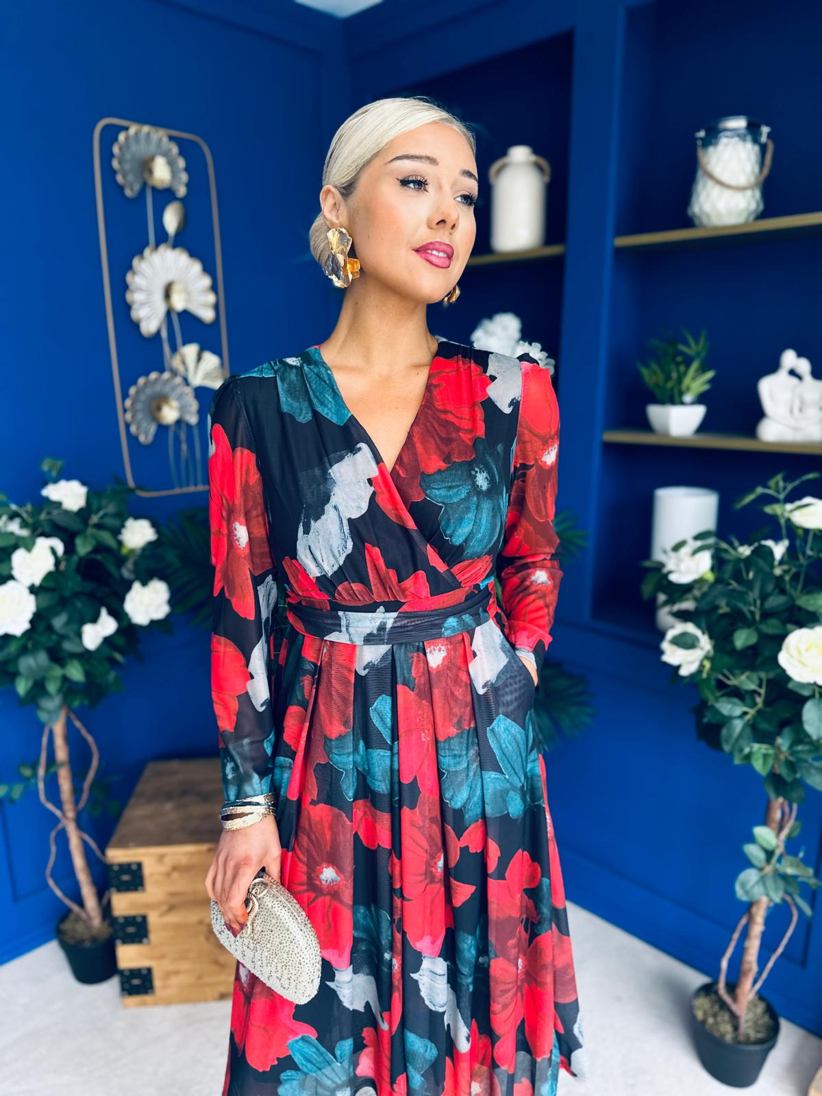 Vanessa Detailed Midi Dress Black Floral