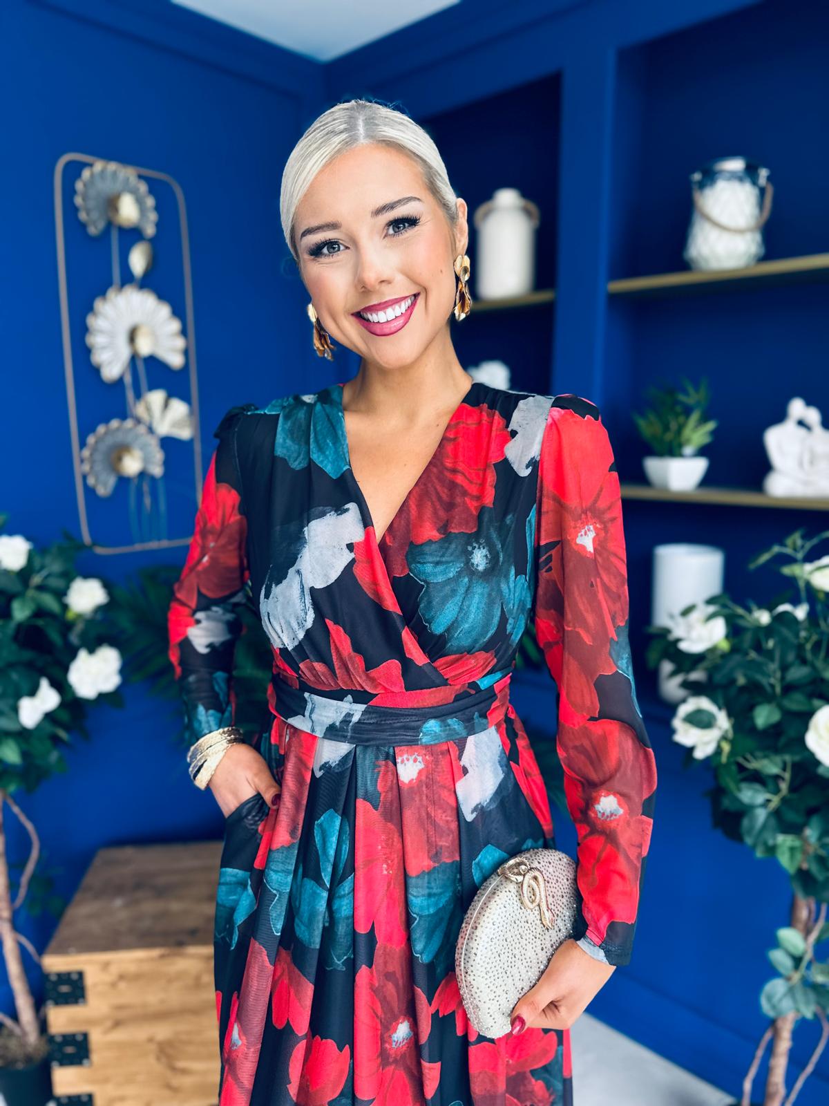 Vanessa Detailed Midi Dress Black Floral