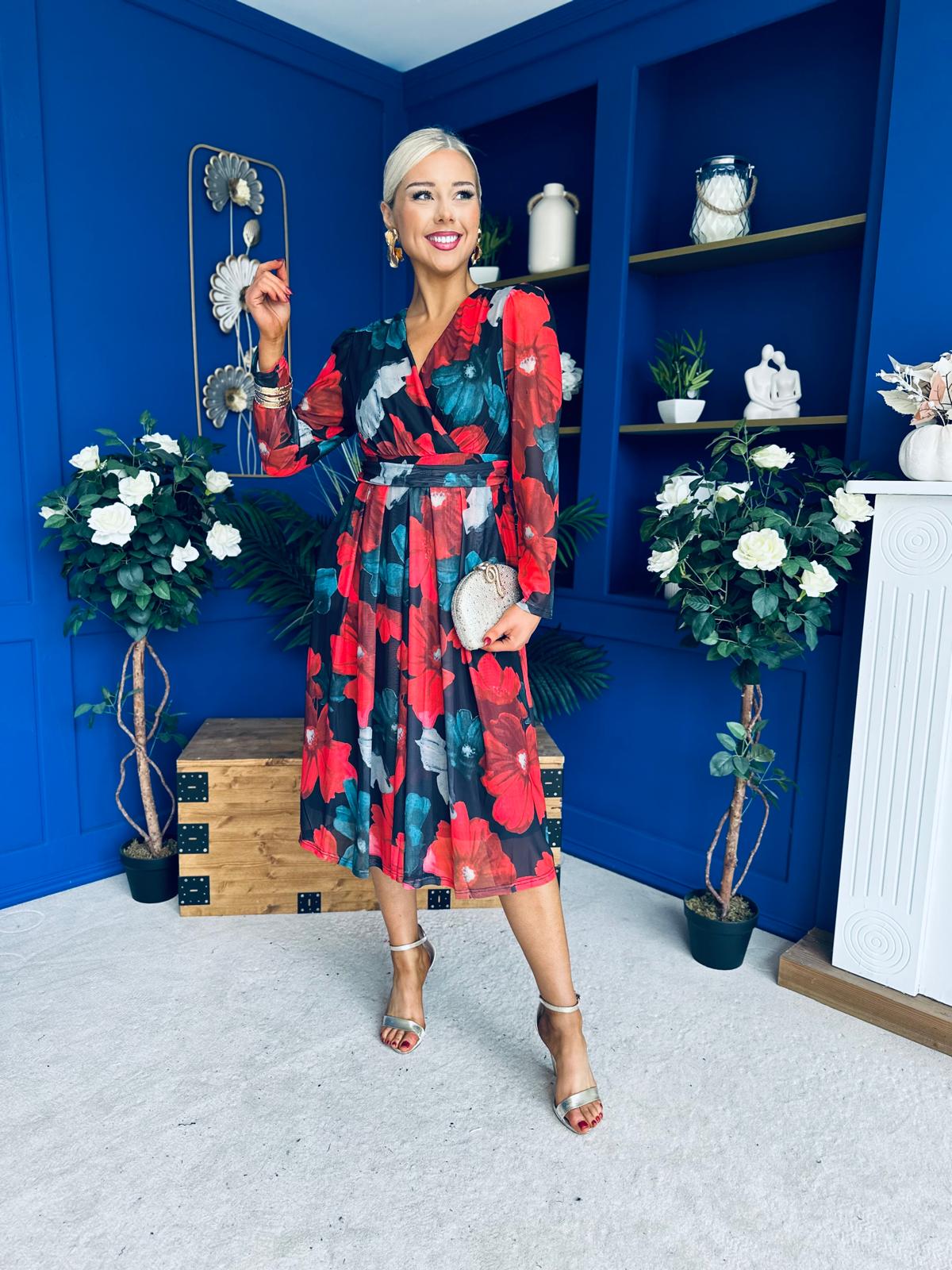 Vanessa Detailed Midi Dress Black Floral