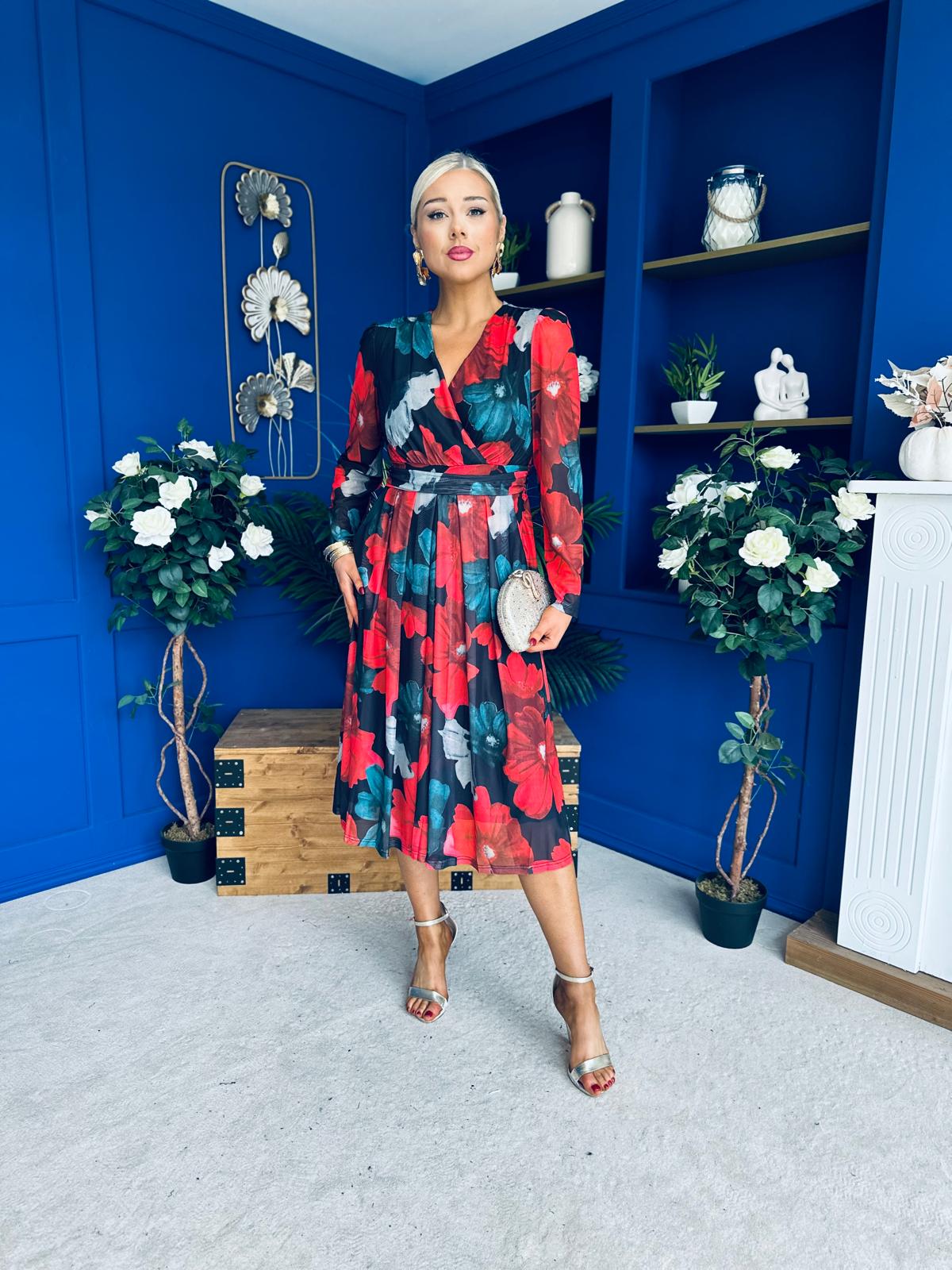 Vanessa Detailed Midi Dress Black Floral