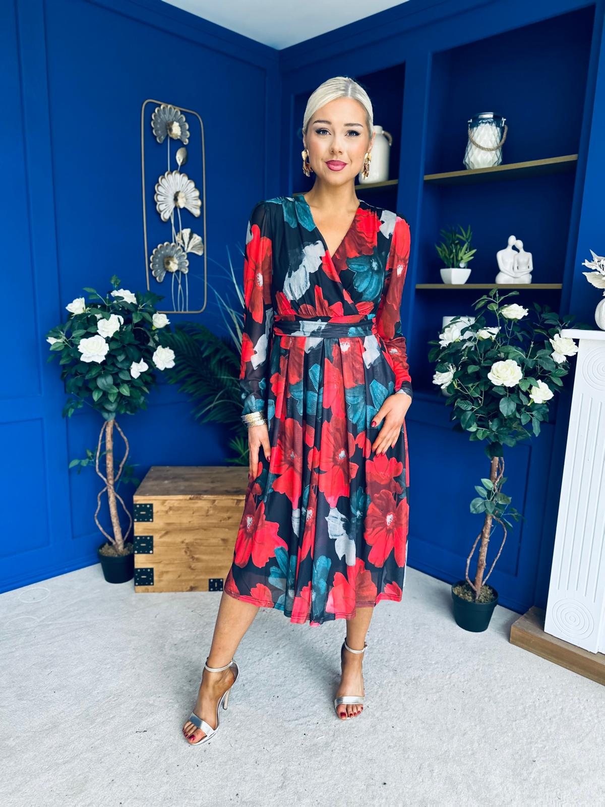 Vanessa Detailed Midi Dress Black Floral