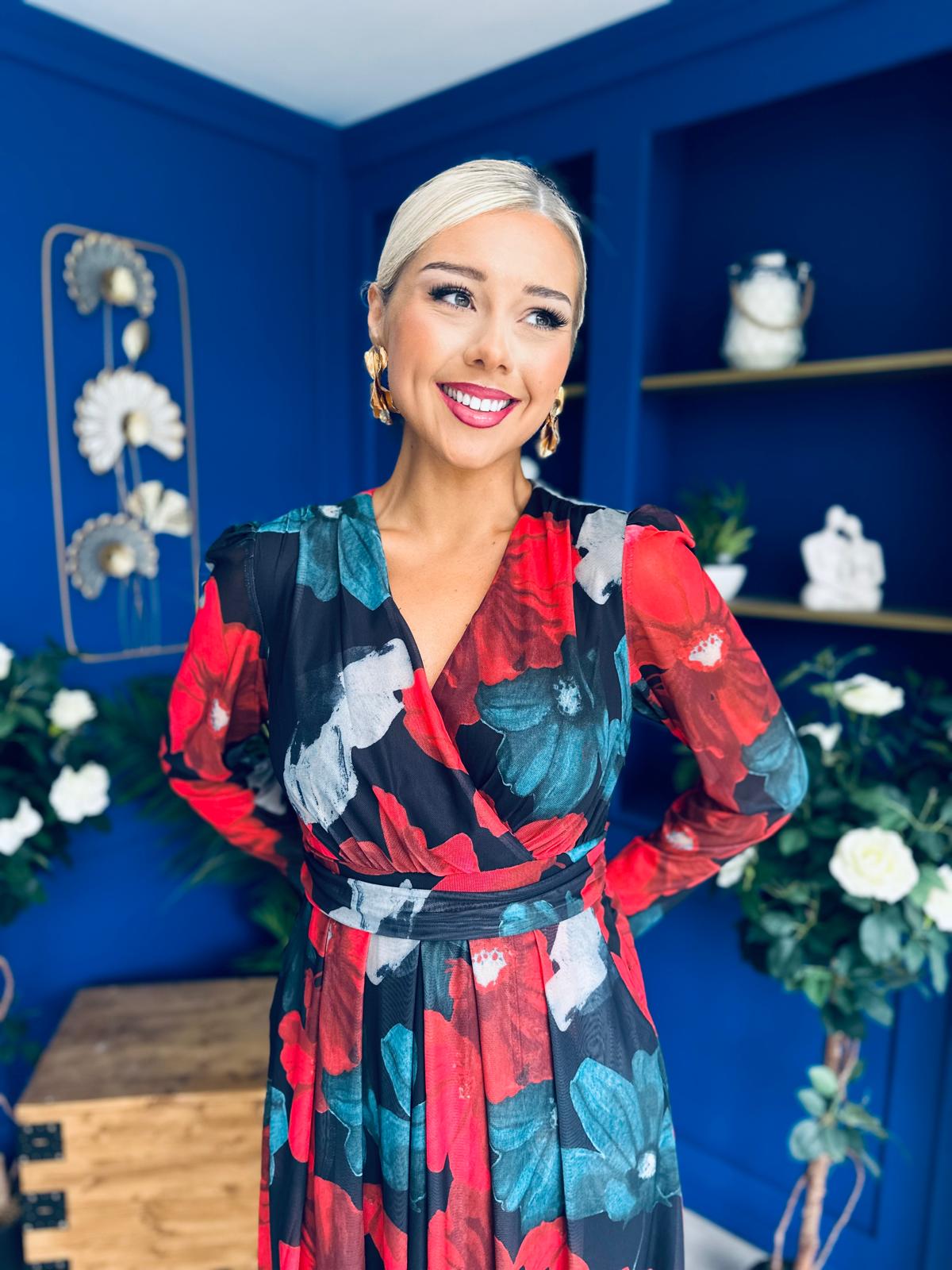 Vanessa Detailed Midi Dress Black Floral