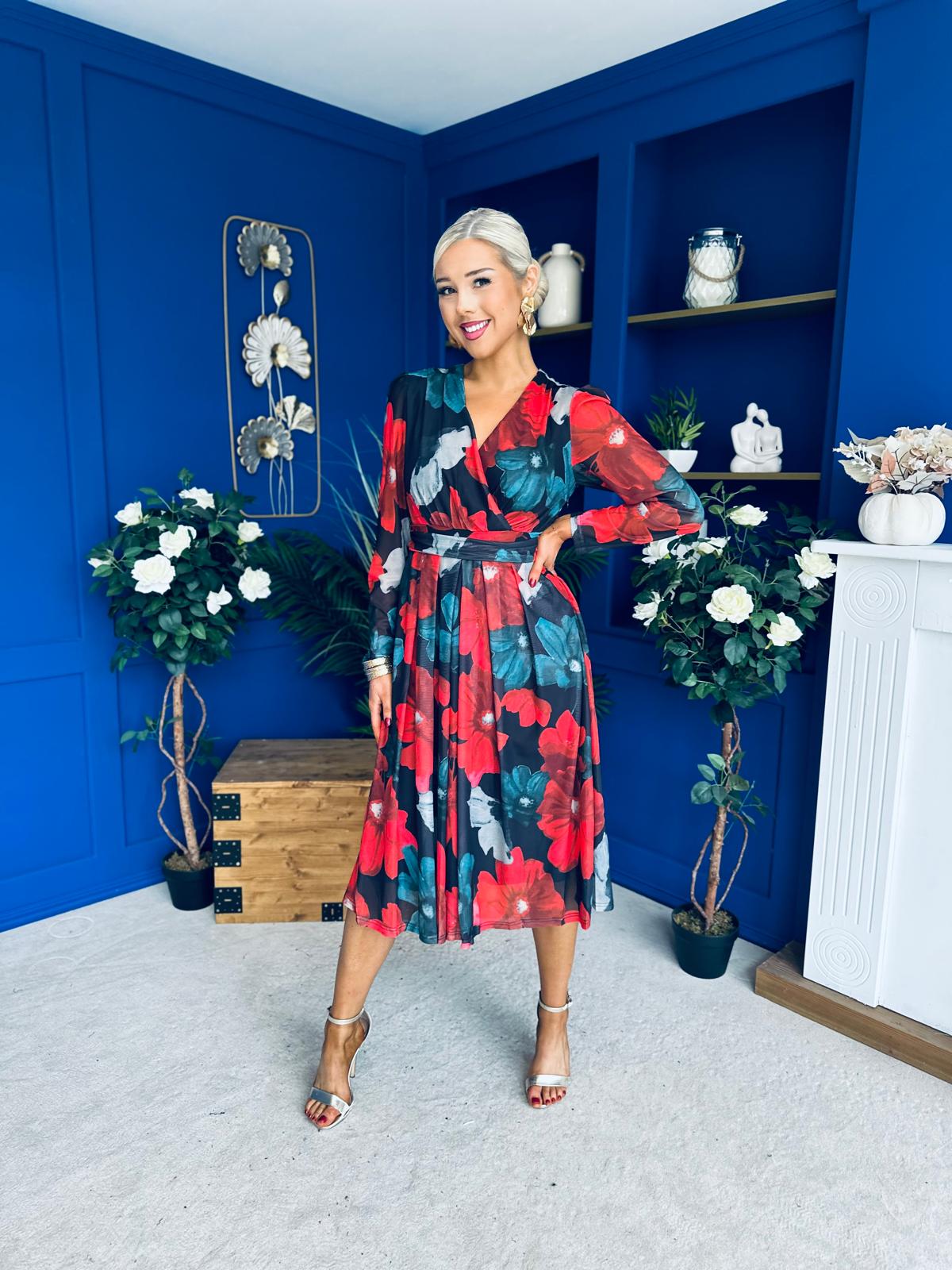 Vanessa Detailed Midi Dress Black Floral