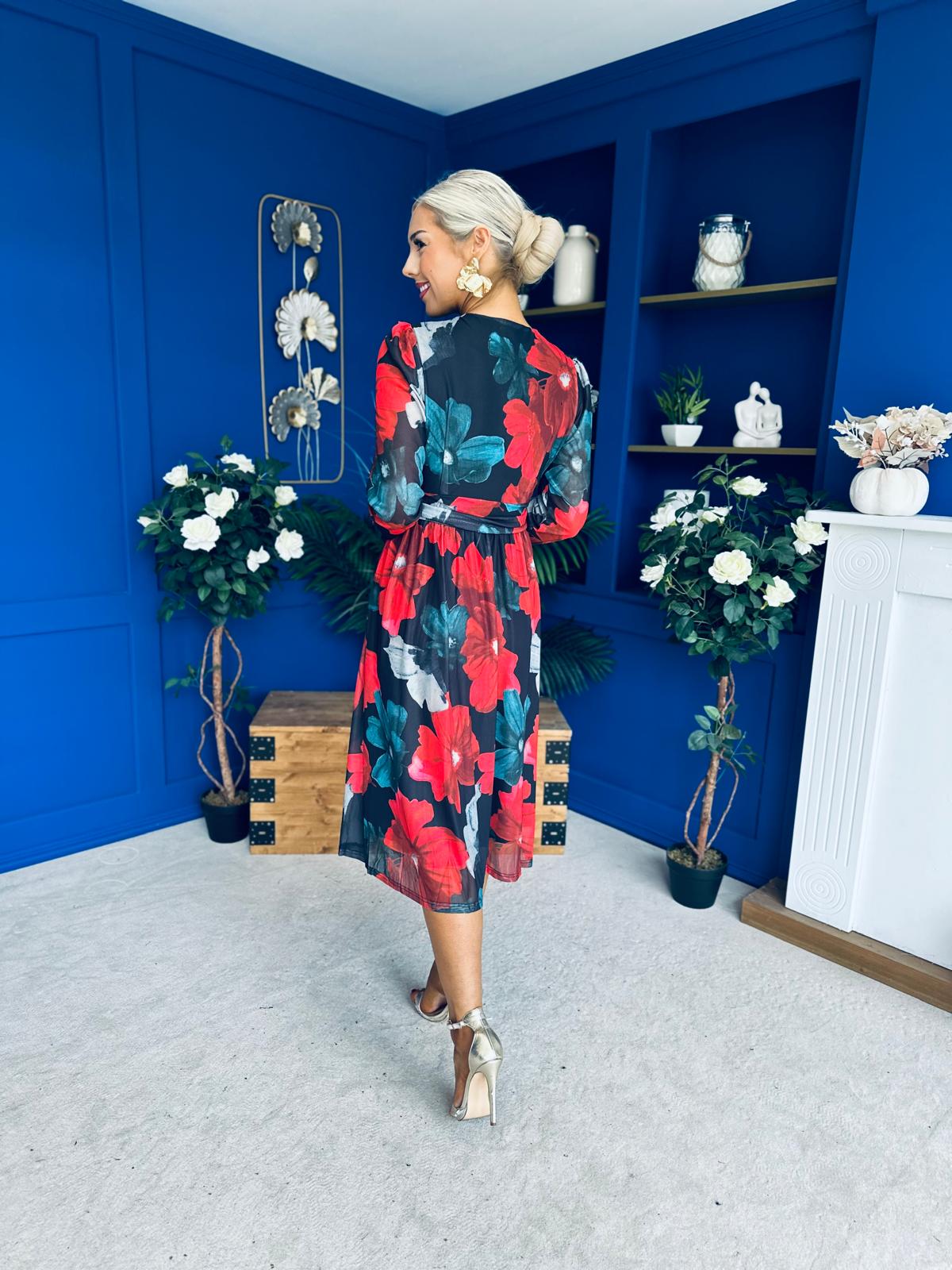 Vanessa Detailed Midi Dress Black Floral