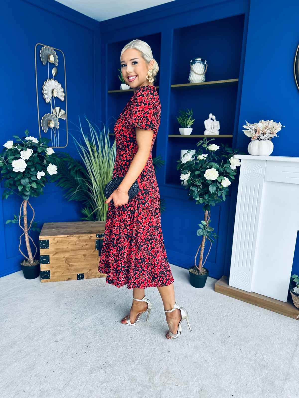 Ashley Puff Sleeve Midi Dress Floral Red
