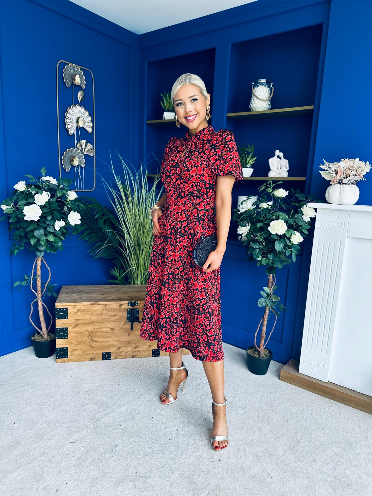 Ashley Puff Sleeve Midi Dress Floral Red