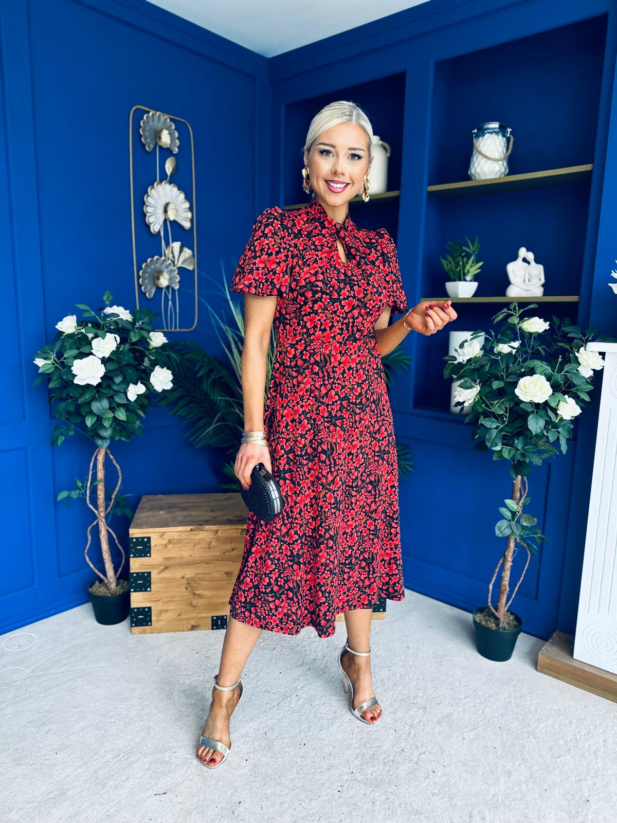 Ashley Puff Sleeve Midi Dress Floral Red