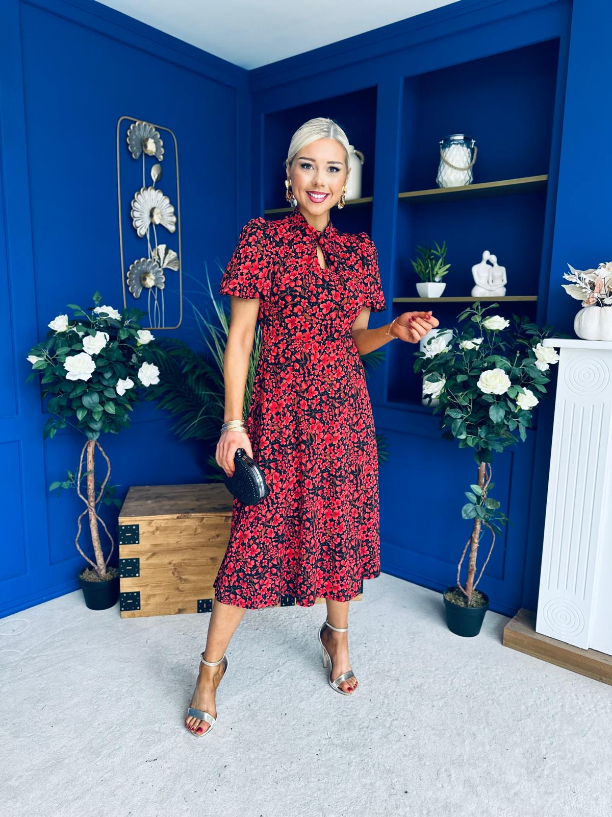 Ashley Puff Sleeve Midi Dress Floral Red