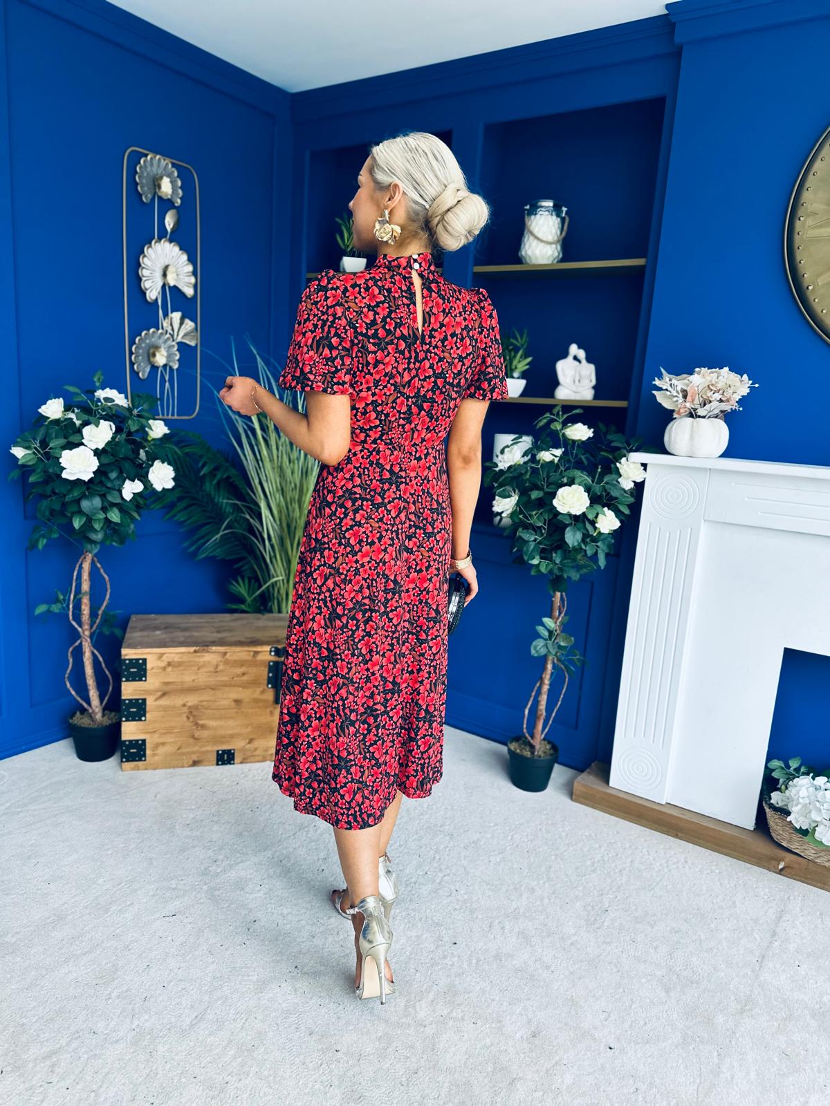 Ashley Puff Sleeve Midi Dress Floral Red