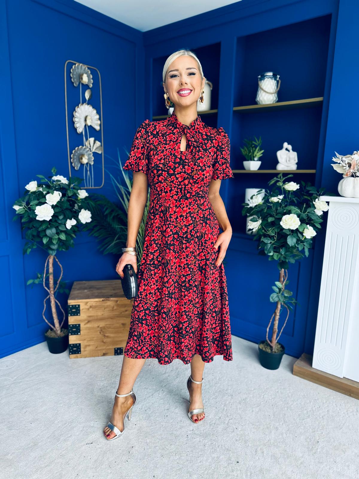 Ashley Puff Sleeve Midi Dress Floral Red