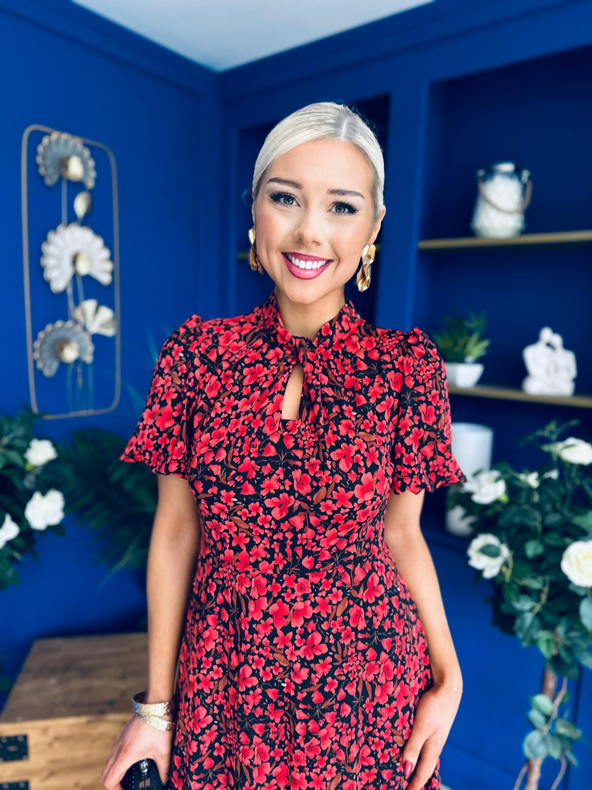 Ashley Puff Sleeve Midi Dress Floral Red