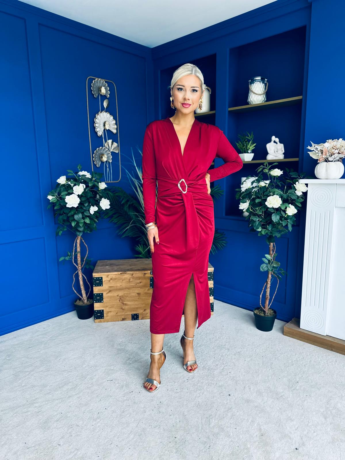 Ester Detailed Midi Dress Wine