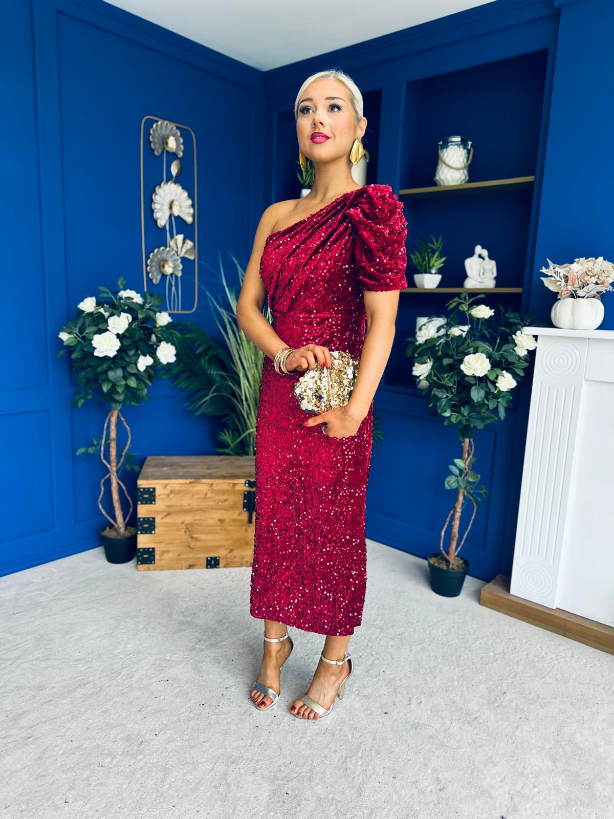 Daniella Sequin Occasion Midi Dress Wine