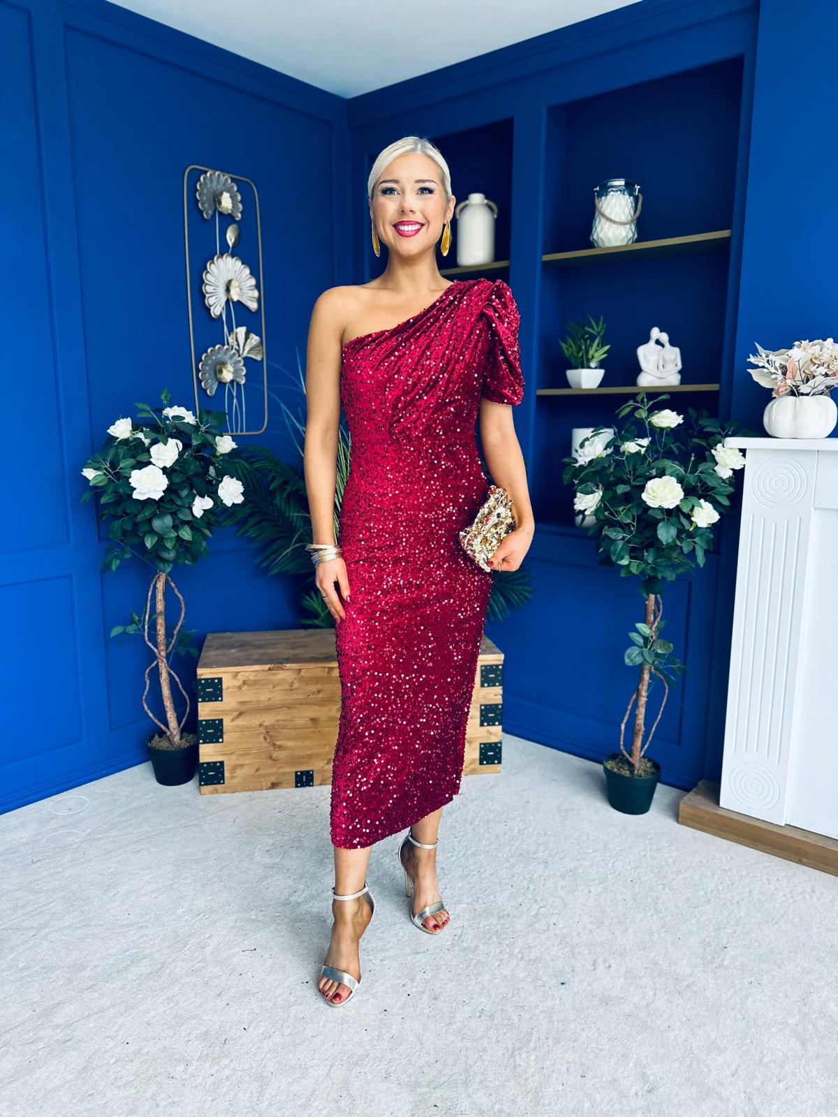 Daniella Sequin Occasion Midi Dress Wine